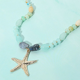 Textured Metal Starfish Pendant Natural Stone Beaded Necklace
