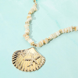 Textured Metal Starfish Embossed Sea Shell Pendant Natural Stone Beaded Necklace