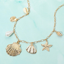 Sea Shell Starfish Pearl Charm Station Necklace