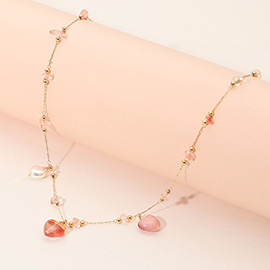 Pearl Stone Heart Charm Station Necklace