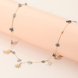 Pearl Crescent Star Charm Natural Stone Station Necklace