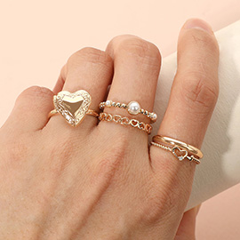 5PCS - Metal Heart Locket Pearl Stone Dainty Stackable Ring Set