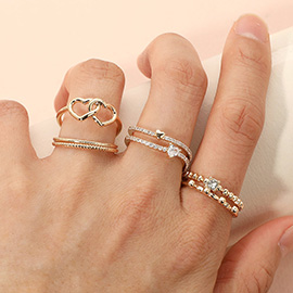 6PCS - Metal Double Heart Stone Paved Dainty Stackable Ring Set