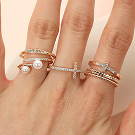 6PCS - Pearl Accent Stone Paved Cross Dainty Stackable Ring Set