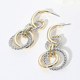 14K Gold Plated Two Tone Textured Metal Interlocking Drop Earrings