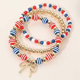 3PCS - Metal Wire Bow Charm Accent American USA Beaded Stretch Multi Layered Bracelets