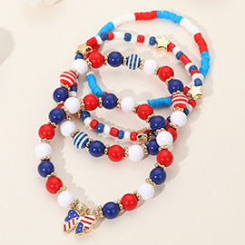 4PCS - Enamel American USA Flag Bow Charm Beaded Stretch Multi Layered Bracelets