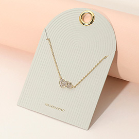 18K Gold Dipped Stone Paved Double Heart Pendant Necklace
