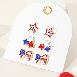 3Pairs - Enamel American USA Flag Bow Star Stud Earrings