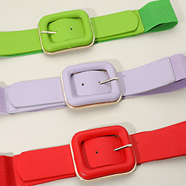 Metal Faux Leather Rectangle Buckle Accented Wide Elastic Waist Belt
