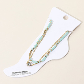 CZ Stone Bezel Accent Paperclip Chain Faceted Beaded Layered Anklet