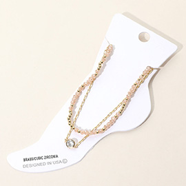 CZ Stone Bezel Accent Paperclip Chain Faceted Beaded Layered Anklet