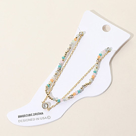 CZ Stone Bezel Accent Paperclip Chain Faceted Beaded Layered Anklet