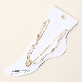 CZ Stone Bezel Accent Paperclip Chain Faceted Beaded Layered Anklet