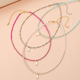 CZ Stone Paved Mini Fish Charm Point Faceted Beaded Choker Necklace