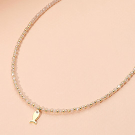 CZ Stone Paved Mini Fish Charm Point Faceted Beaded Choker Necklace