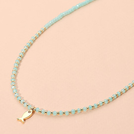 CZ Stone Paved Mini Fish Charm Point Faceted Beaded Choker Necklace