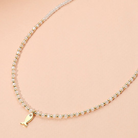 CZ Stone Paved Mini Fish Charm Point Faceted Beaded Choker Necklace