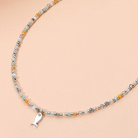 CZ Stone Paved Mini Fish Charm Point Faceted Beaded Choker Necklace