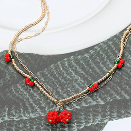 Seed Beaded Cherry Charm Station Layered Necklace