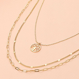 Tree of Life Pendant Accent Triple Layered Chain Necklace