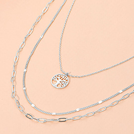 Tree of Life Pendant Accent Triple Layered Chain Necklace