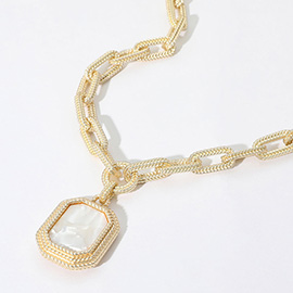 14K Gold Plated Rectangular Mother of Pearl Cluster Pendant Necklace