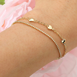 18K Gold Dipped Heart Charm Station Rhinestone Layered Adjustable Cinch Pull Tie Bracelet