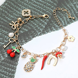 Pineapple Cherry Chili Quatrefoil Bow Key Pearl Mushroom Flower Good Luck Horseshoe Charm Station Bracelet