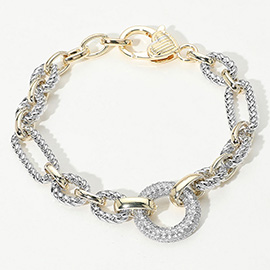 14K Gold Plated CZ Stone Paved Ring Link Two Tone Bracelet