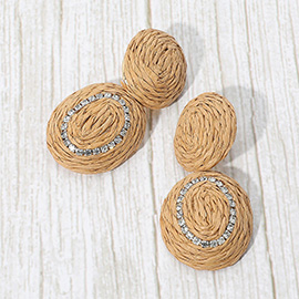 Rhinestone Accent Raffia Wrapped Oval Dangle Earrings