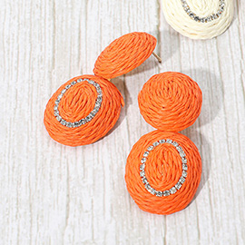 Rhinestone Accent Raffia Wrapped Oval Dangle Earrings