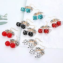 Enamel Retro Checkered Leaf Cherry Dice Dangle Earrings