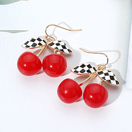 Enamel Retro Checkered Leaf Cherry Dangle Earrings