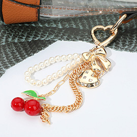 Metal Heart Bow Pearl Beaded Cherry Charm Drop Keychain / Bag Charm