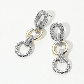 14K Gold Plated Two Tone Textured Ring Link Drop Earrings