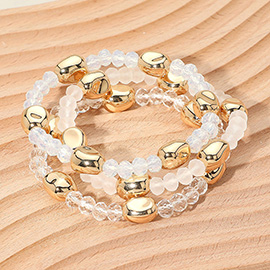 3PCS - Worn Metal Pebble Beaded Stretch Multi Layered Bracelets