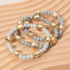 3PCS - Worn Metal Pebble Beaded Stretch Multi Layered Bracelets