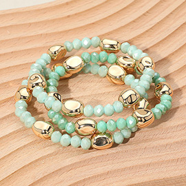 3PCS - Worn Metal Pebble Beaded Stretch Multi Layered Bracelets