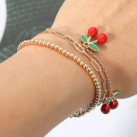3PCS - Cherry Charm Station Bubble Paperclip Chain Layered Bracelets