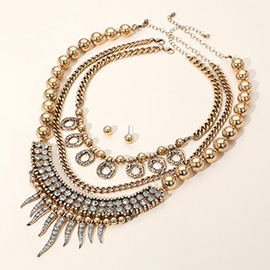 3PCS - Rhinestone Cluster Beads Mixed Chain Layered Statement Necklace Set