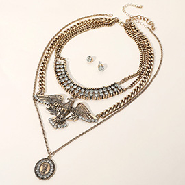 2PCS - Rhinestone Eagle Accent Collar Medal Pendant Layered Necklace Set