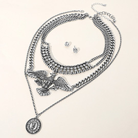 2PCS - Rhinestone Eagle Accent Collar Medal Pendant Layered Necklace Set