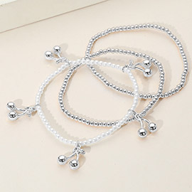 3PCS - Silver Dipped Cherry Charm Metal Ball Pearl Beaded Stretch Multi Layered Bracelets
