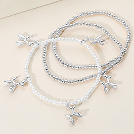 3PCS - Silver Dipped Balloon Dog Charm Metal Ball Pearl Beaded Stretch Multi Layered Bracelets
