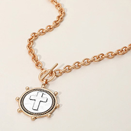 Metal Cross Embossed Medal Toggle Pendant Necklace