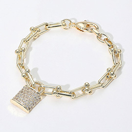 14K Gold Plated CZ Stone Paved Lock Charm Industrial Chain Link Bracelet