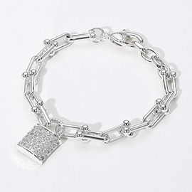 14K Gold Plated CZ Stone Paved Lock Charm Industrial Chain Link Bracelet