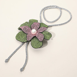 Pearl Centered Bling Studded Flower Pointed Bolo Tie Necklace