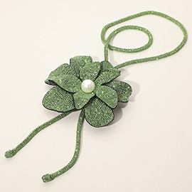 Pearl Centered Bling Studded Flower Pointed Bolo Tie Necklace